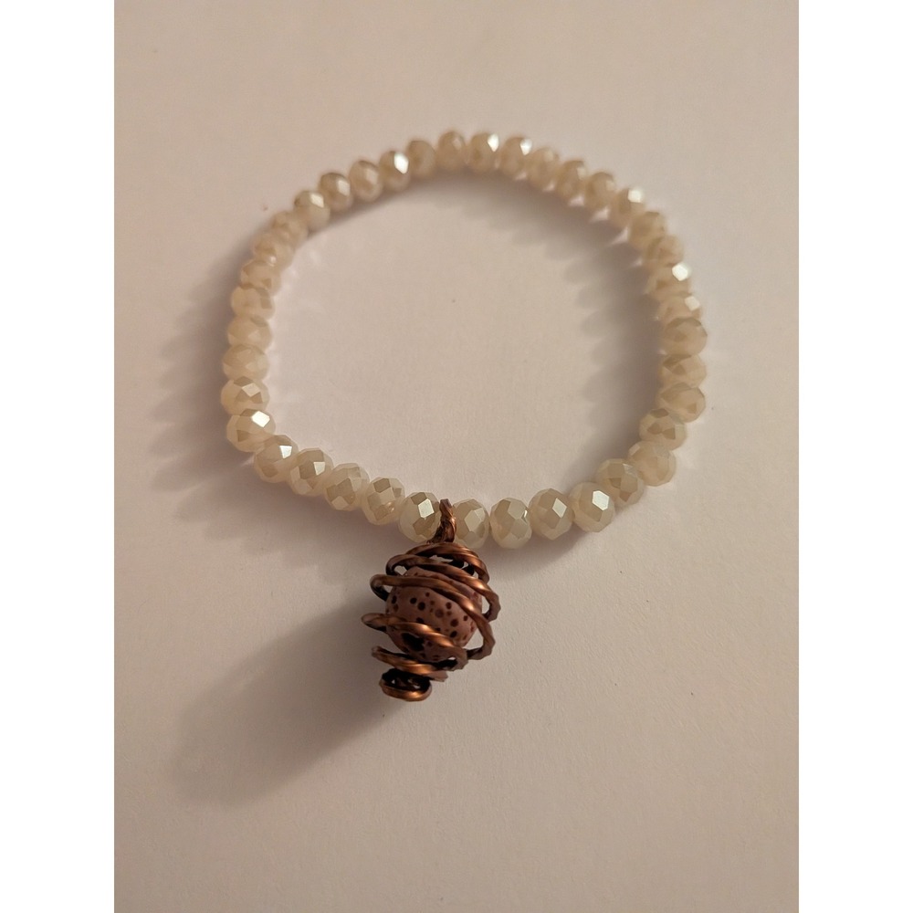 Handmade Champagne Glass Bead Stretch Bracelet Copper Wire Wrapped Lava Stone